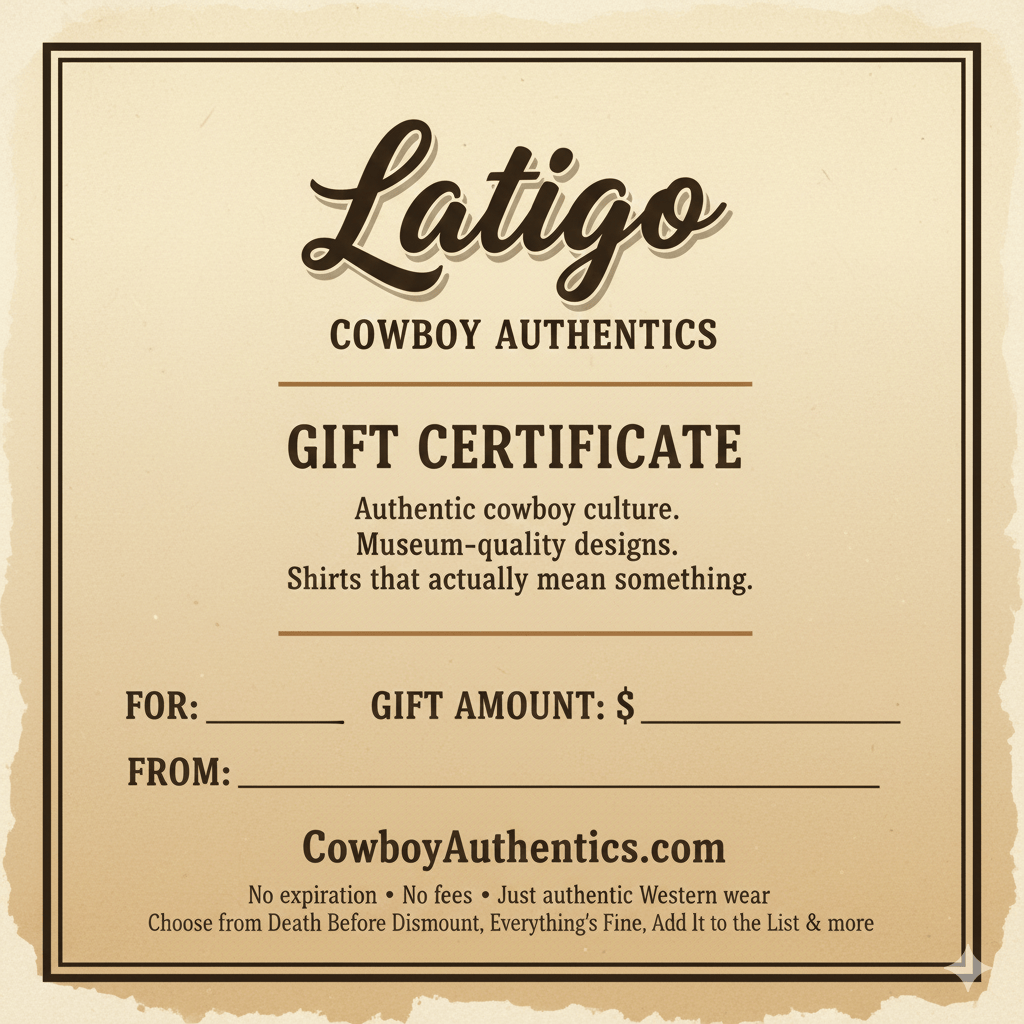 Latigo Gift Card gift certificate showcasing authentic cowboy culture and Western designs, no expiration or fees.