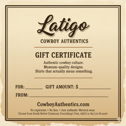 Latigo Gift Card gift certificate showcasing authentic cowboy culture and Western designs, no expiration or fees.